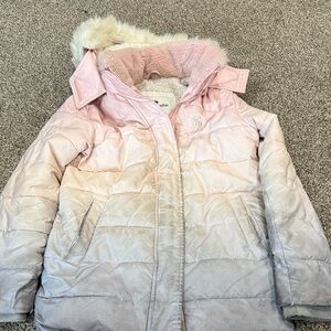 Abercrombie Kids Pink Gradient Puffer Jacket with Faux Fur Hood